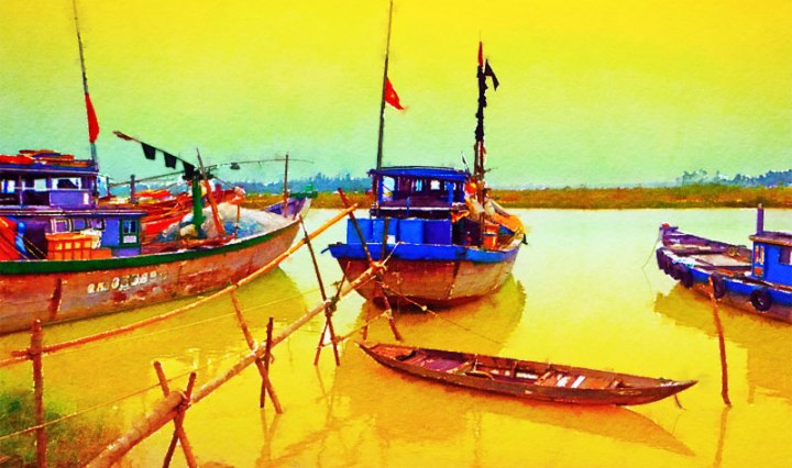 Hoi An Boats with a Colour Wash and Waterlogue Overlay