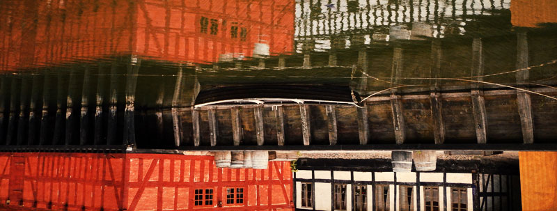 Upside-down reflection in Aarhus' Den Gamle By