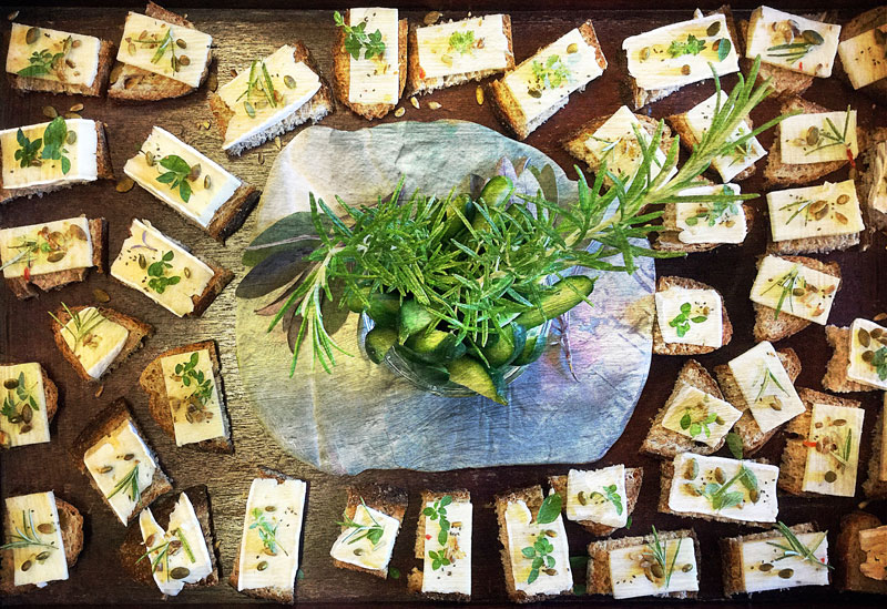 Cheese, Sunflower Seeds, and Rosemary on Rye, with a centrepiece of Cucumber Slices and Rosemary